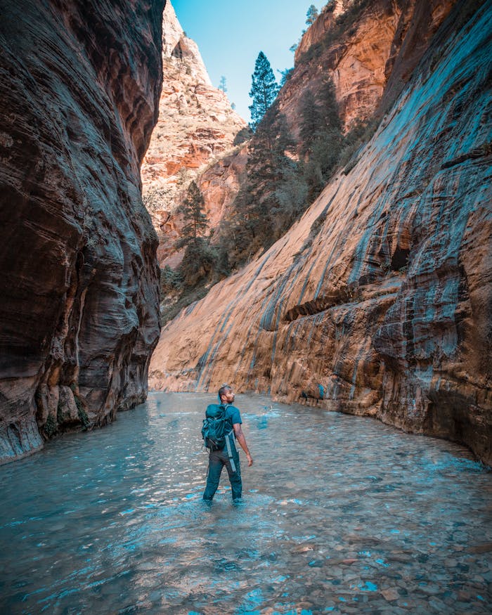 The Art of Drawing Readers In: Your attractive post title goes here Hiker ventures into the scenic Narrows of Zion National Park's slot canyon. Tranquil wilderness.